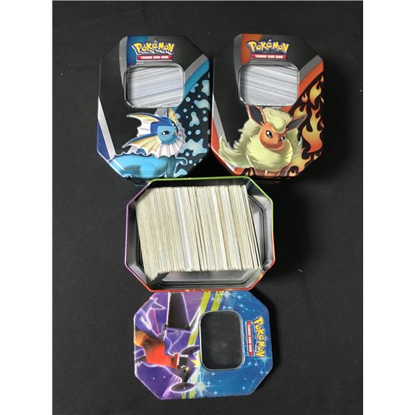 LOT OF 3 POKEMON TCG TINS FILLED WITH CARDS