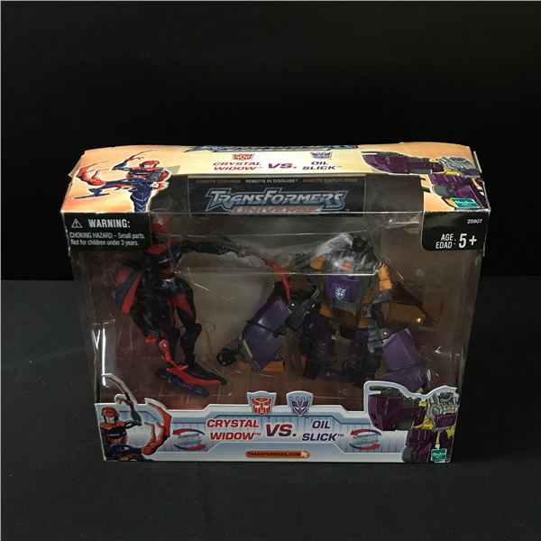 VINTAGE TRANSFORMERS UNIVERSE CRYSTAL WIDOW VS OIL SLICK ACTION FIGURES IN ORIGINAL BOX