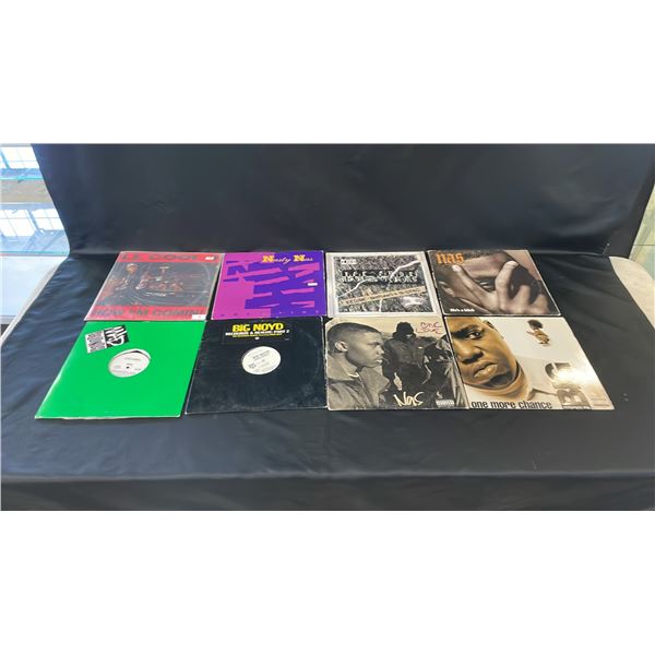 (8) ASSORTED VINYL RECORDS INCLUDING; LL COOL J, NOTORIOUS BIG, ICE CUBE, NAS & BIG NOYD