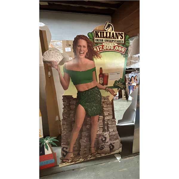 VINTAGE GEORGE KILLIAN'S IRISH SWEEPSTAKES CARDBOARD STANDEE CUTOUT WITH SWEEPSTAKES ENTRY FORMS