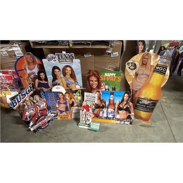(12) SMALL VINTAGE ASSORTED BEER CARDBOARD STANDEES & SIGNS INCLUDING; BUSCH, MILLER, CORONA & MORE