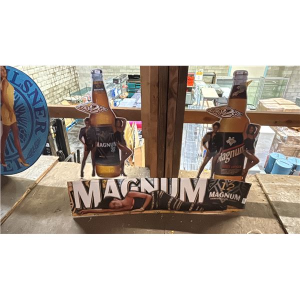 (3) ASSORTED VINTAGE MAGNUM MALT LIQUOR TIN SIGNS (1 HAS SIGNIFICANT BENDING DAMAGE)