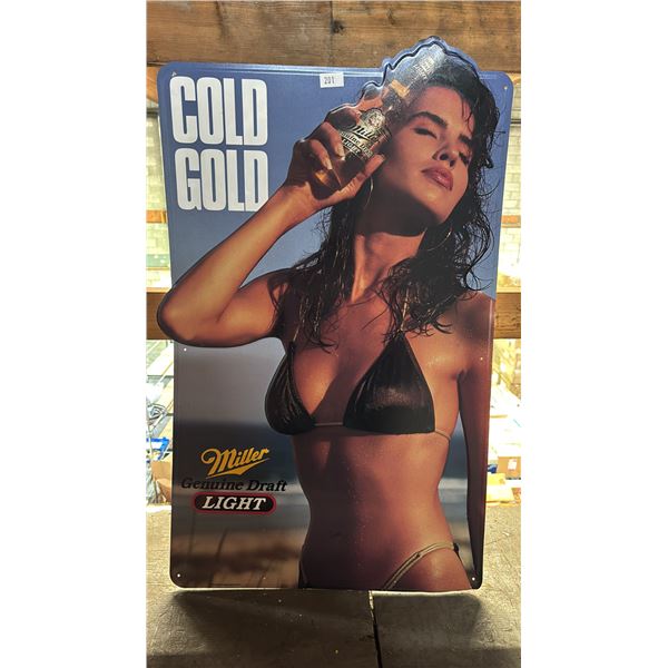 VINTAGE MILLER MGD LIGHT COLD GOLD TIN SIGN
