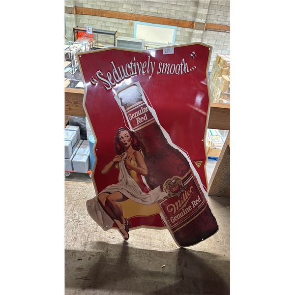 VINTAGE MILLER GENUINE RED SEDUCTIVELY SMOOTH TIN SIGN