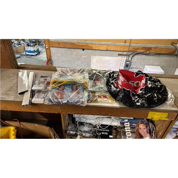 ASSORTED BEER COLLECTIBLES INCLUDING; INFLATABLE MOLSON CANADIAN TUBE, DOS EQUIS ON TAP SIGN,
