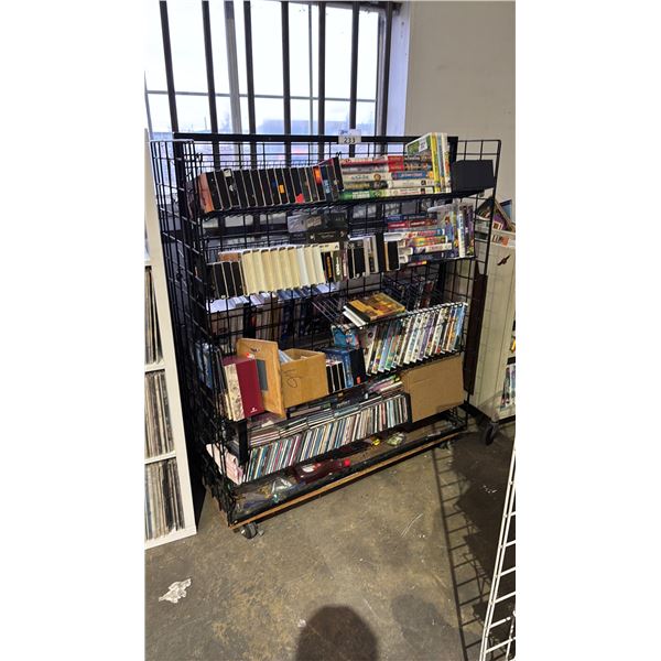 4-TIER 2-SIDED ROLLING CART OF ASSORTED VHS, CD'S & MORE