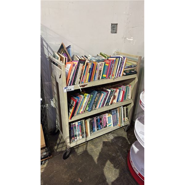3-TIER 2-SIDED ROLLING BOOKSHELF OF ASSORTED BOOKS
