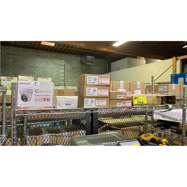 SHELF OF ASSORTED ITEMS INCLUDING; HIKVISION BRACKETS, HIKVISION COLORVU NETWORK CAMERA, SIMPLIDOCK