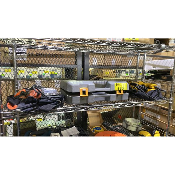 SHELF OF ASSORTED TOOLS INCLUDING; DEWALT DRILL,. RYOBI ANGLE GRINDER WITH CASE, FEIN OSCILLATING