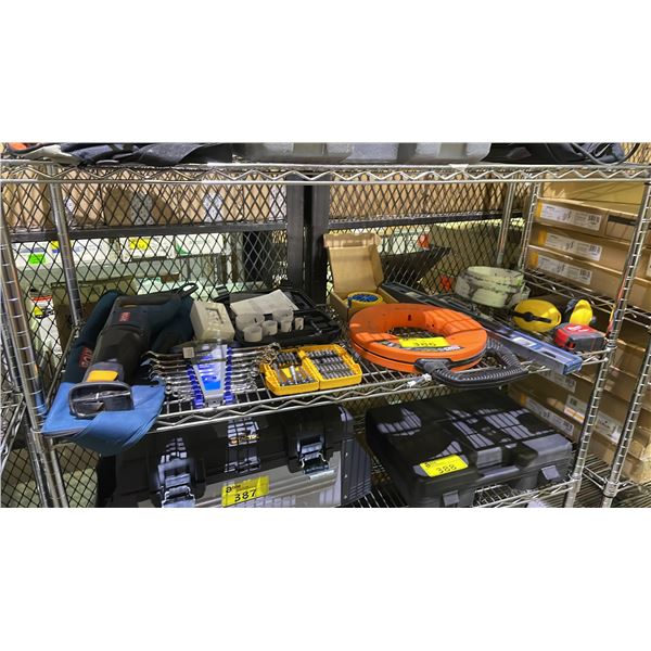 SHELF OF ASSORTED TOOLS INCLUDING; KLEIN STEEL FISH TAPE 120 FT, DRILL & HOLE SAW BIT SETS, RYOBI