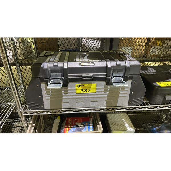 TACTIX TOOLBOX WITH ASSORTED TOOL CONTENTS INCLUDING; DIGITAL MULTIMETER, SAFETY GLASSES, MEASURING