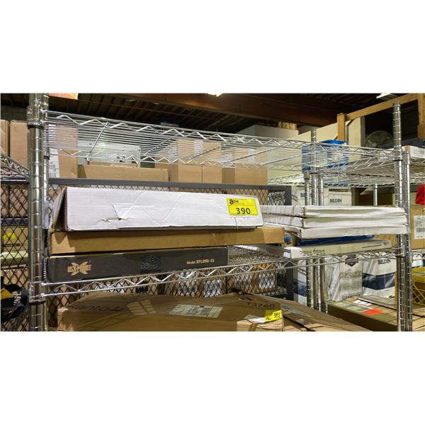 SHELF OF ASSORTED ITEMS INCLUDING; SINGLE WIDE WOOD COMPONENT SHELF, WALL SHELVES, USX MOUNT