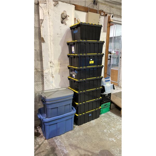 ASSORTED STORAGE TOTES WITH LIDS & MILK CRATES