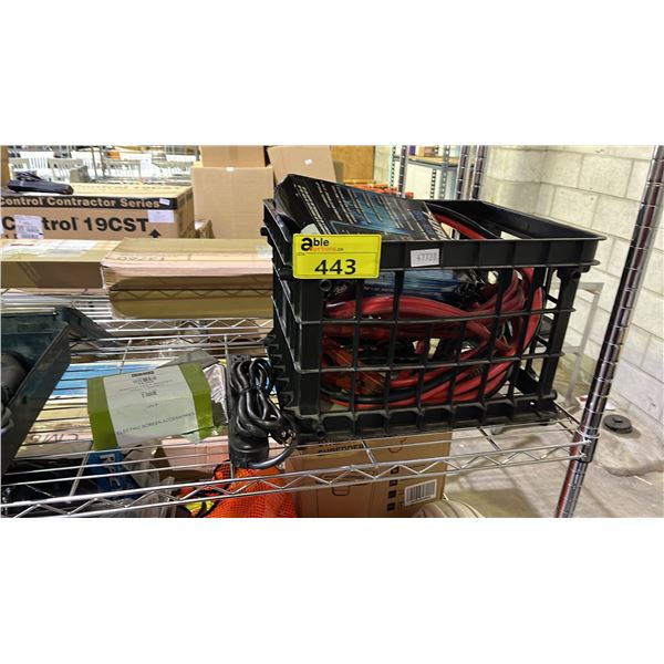 ASSORTED ITEMS INCLUDING; POWER BARS, JUMPER CABLES, LIGHT WALL SWITCH & MORE