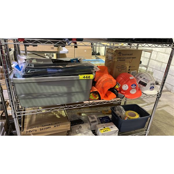 SHELF OF ASSORTED ITEMS INCLUDING; HARD HATS, REFLECTIVE VEST, BONSAII STRIP-CUT 8 SHEET PAPER