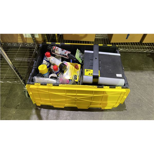 BIN OF ASSORTED ITEMS INCLUDING; AUTOMOTIVE CLEANING PRODUCTS, SPOTLIGHT, XLR ADAPTERS & MORE