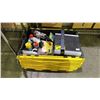 Image 1 : BIN OF ASSORTED ITEMS INCLUDING; AUTOMOTIVE CLEANING PRODUCTS, SPOTLIGHT, XLR ADAPTERS & MORE