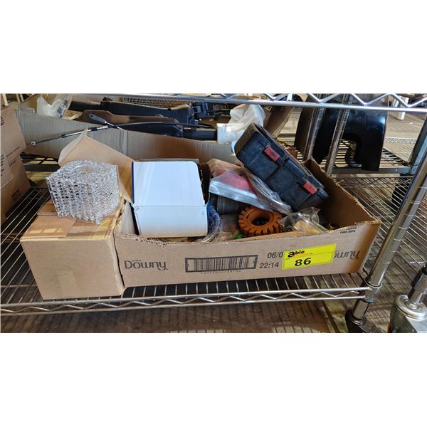 BOX OF LEVER HANDLES, FAUCET HOSES, HOLE SAW BITS, WIRE BRUSH & MORE