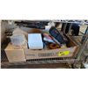 Image 1 : BOX OF LEVER HANDLES, FAUCET HOSES, HOLE SAW BITS, WIRE BRUSH & MORE