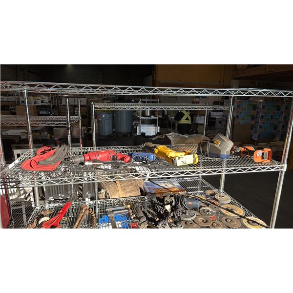 SHELF OF ASSORTED TOOLS: DRILL, ROTARY TOOL, RECIPROCATING SAW & MORE