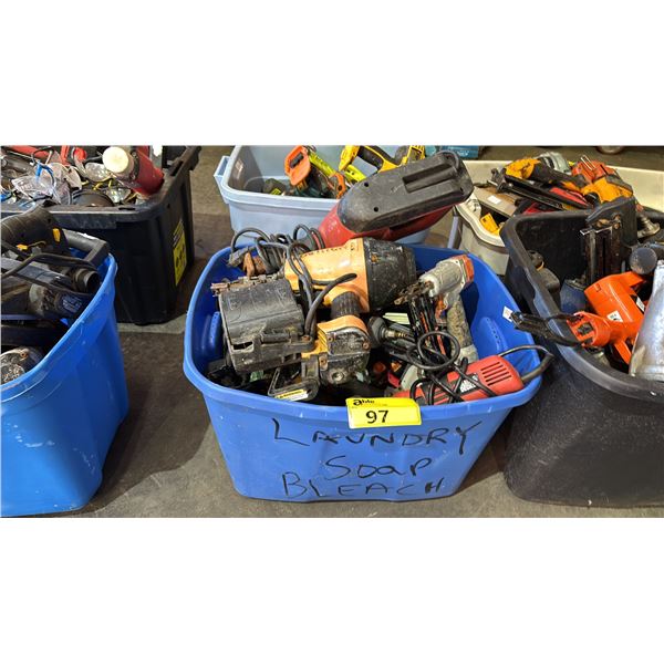 TOTE OF ASSORTED TOOLS: BOSTICH ROOFING NAILER, RECIPROCATING SAW, B&D ANGLE GRINDER & MORE