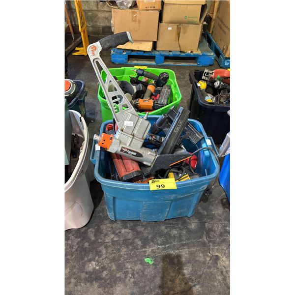TOTE OF ASSORTED TOOLS: PASLODE BRAD NAILER, HILTI CAULKING GUN, DEWALT IMPACT WRENCH & MORE
