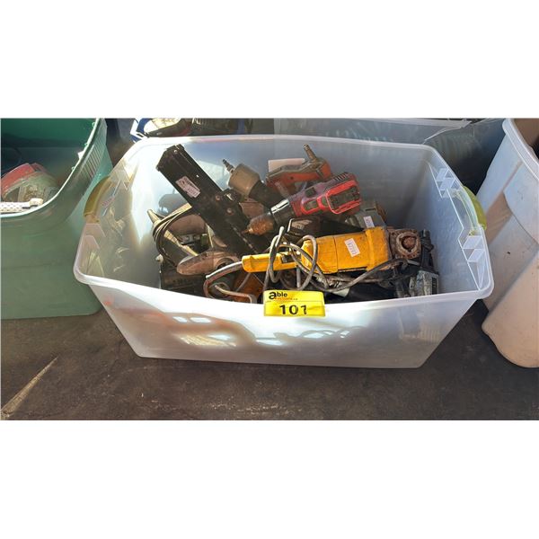 TOTE OF ASSORTED TOOLS: DEWALT ANGLE GRINDER, MILWAUKEE DRILL, PASLODE FINISHING NAILER & MORE