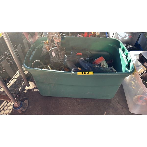 TOTE OF ASSORTED TOOLS: HITACHI COIL NAILER, RYOBI ANGLE GRINDER, B & D JIG SAW & MORE