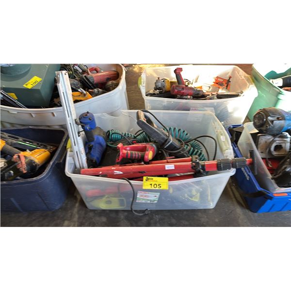 TOTE OF ASSORTED TOOLS: SKIL CORDLESS RECIPROCATING SAW, AEG HAMMER DRILL & MORE