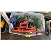 Image 2 : TOTE OF ASSORTED TOOLS: SKIL CORDLESS RECIPROCATING SAW, AEG HAMMER DRILL & MORE