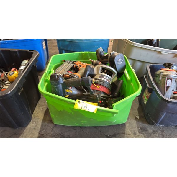 TOTE OF ASSORTED TOOLS: VIPER DRILL, PORTER CABLE FASTENER GUN, CRAFTSMAN ROUTER & MORE