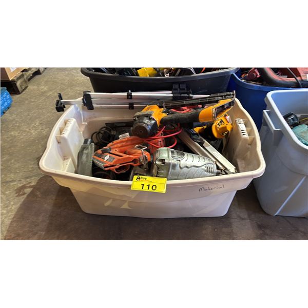 TOTE OF ASSORTED TOOLS: HITACHI FRAMING NAILER, JOBMATE JIGSAW, PASLODE FRAMING NAILER & MORE