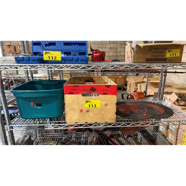 SHELF OF ASSORTED ITEMS INCLUDING; 14" CUT OFF BLADES & ASSORTED HAND TOOLS