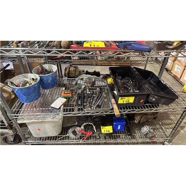 SHELF OF ASSORTED HAND TOOLS & HARDWARE