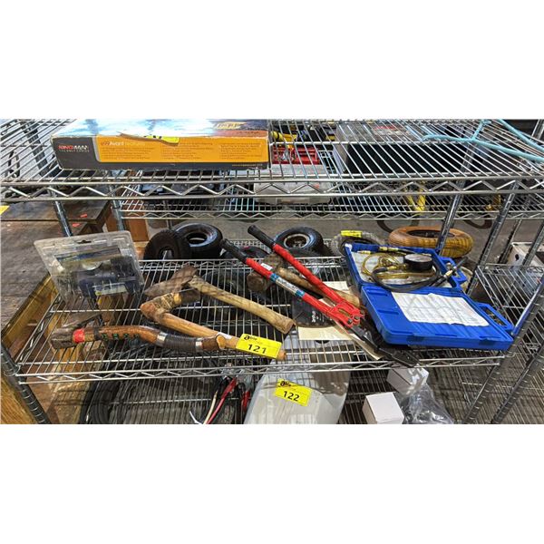 SHELF OF ASSORTED HAND TOOLS, AIR COMPRESSOR & MORE