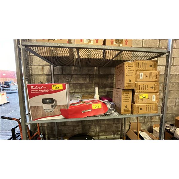 SHELF OF ASSORTED IETMS INCLUDING; REDROAD G20 ROBOT VACUUMS, INVIGORATED WATER PHREFRESH WATER