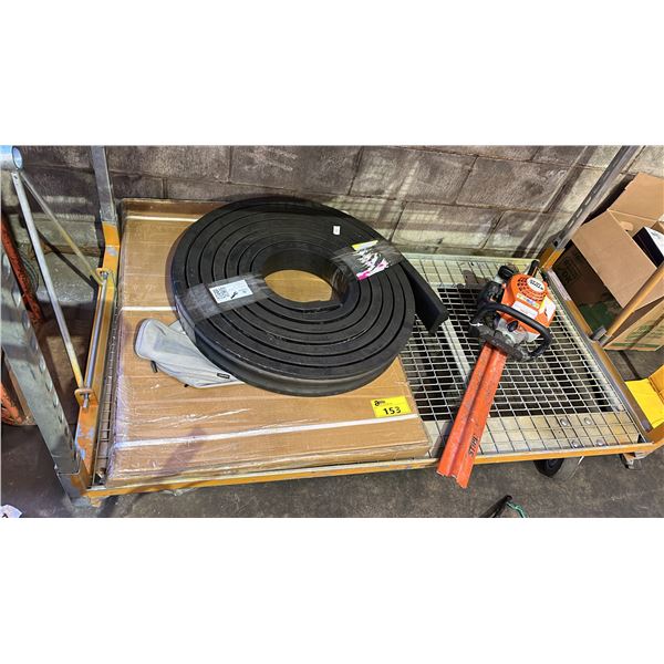 SHELF OF ASSORTED ITEMS INCLUDING; STIHL HS 45 GAS HEDGE TRIMMER, SPOOL OF RUBBER & MORE
