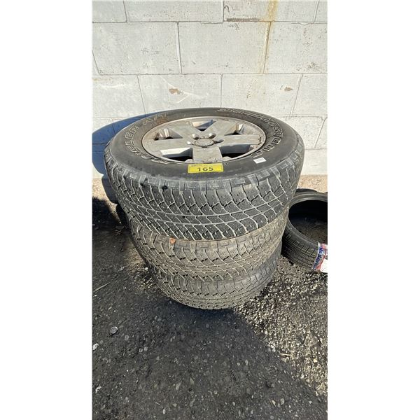 SET OF (3) BRIDGESTONE DUELER A/T P255/70R18 M+S TIRES MOUNTED ON 5-BOLT METAL JEEP RIMS