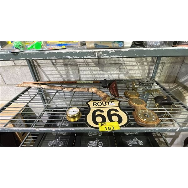 SHELF OF ASSORTED ITEMS INCLUDING; CANES, CLOCK, BRASS WALL DECOR & MORE