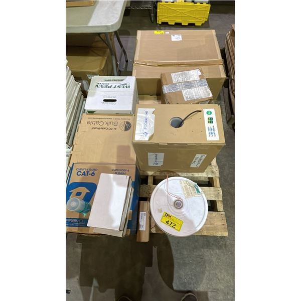 PALLET OF ASSORTED *NEW* ITEMS INCLUDING; KLEIN TOOLS PULLING LINE, PROVO CAT6 BLUE ETHERNET CABLE