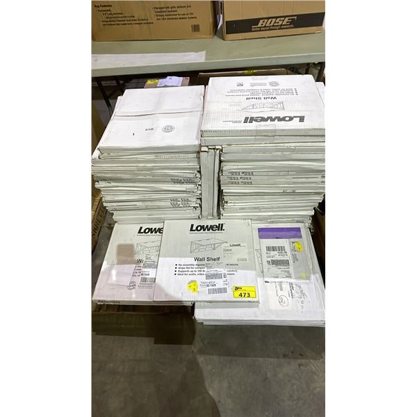 PALLET OF *NEW* ASSORTED SIZE LOWELL WALL SHELVES