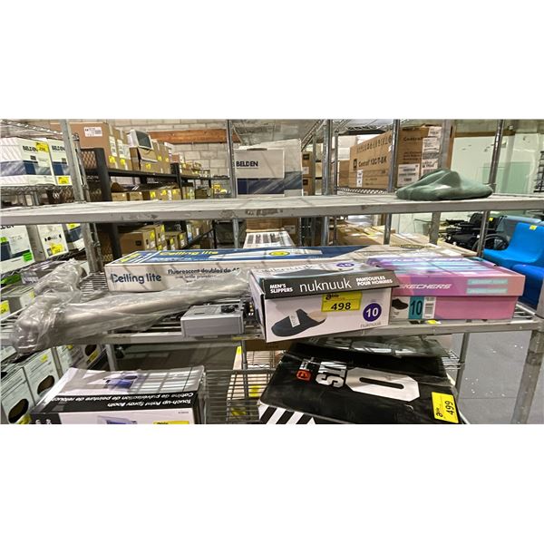SHELF OF ASSORTED ITEMS INCLUDING; SLIPPERS, FLUORESCENT CEILING LITE, VINTAGE RADIO & MORE