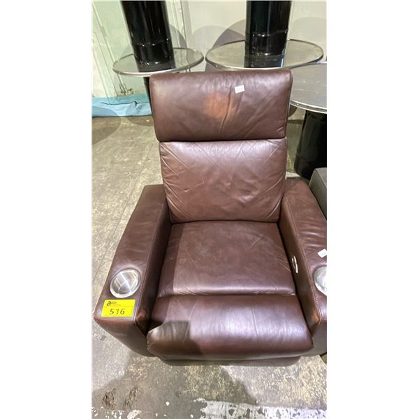 LEATHER-LIKE ELECTRIC RECLINER WITH CUPHOLDERS (NO POWER CORD, UNKNOWN WORKING CONDITION)