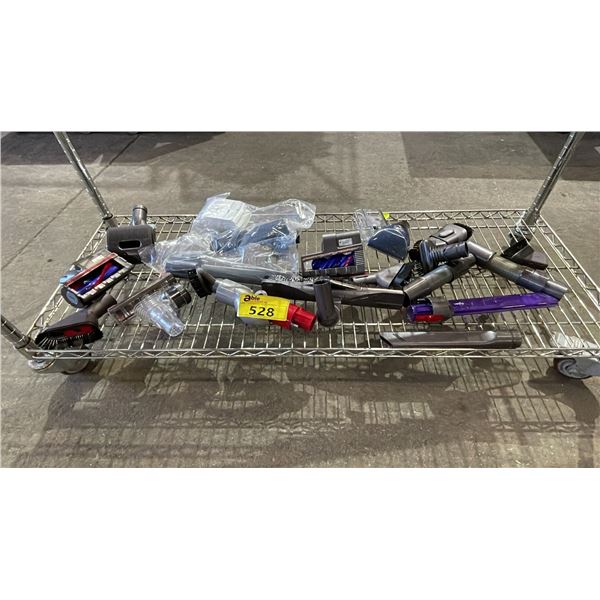 SHELF OF ASSORTED DYSON VACUUM ATTACHMENTS & ACCESSORIES
