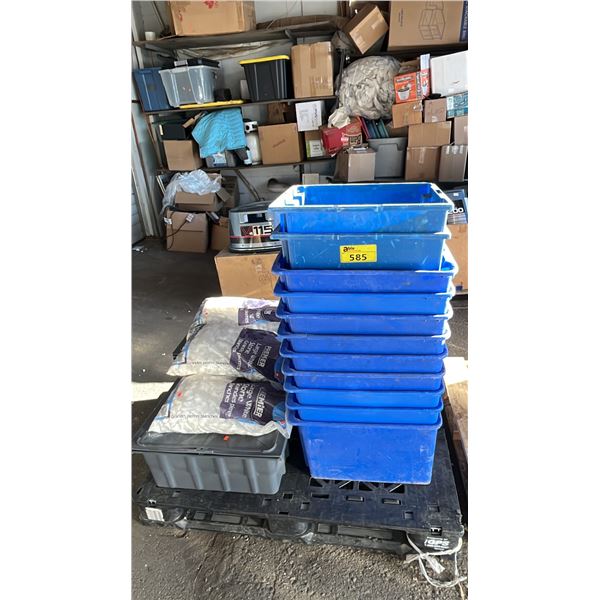 PALLET OF ASSORTED BINS & TOTES & BAGS OF PREMIER LARGE WHITE STONE