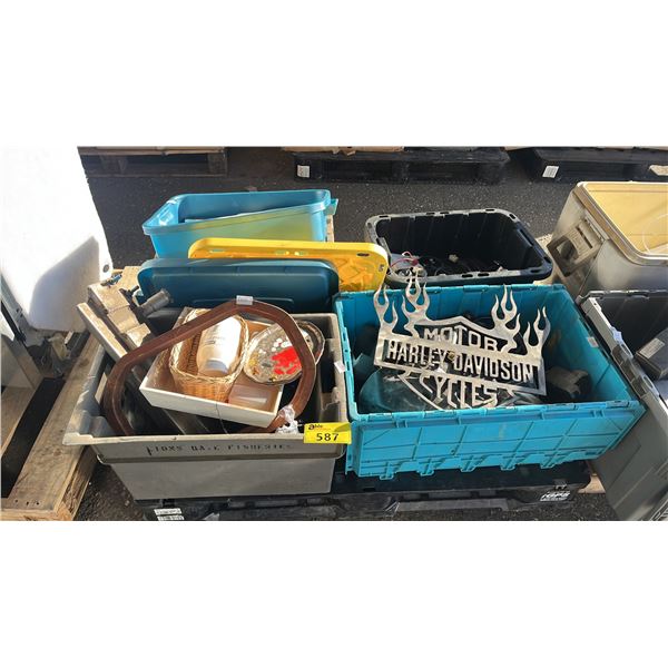 PALLET OF ASSORTED ITEMS INCLUDING; HARLEY DAVIDSON MOTORCYCLES METAL SIGN, MOTORCYCLE PARTS & MORE