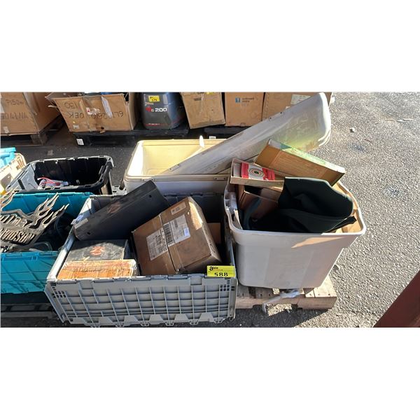 PALLET OF ASSORTED ITEMS INCLUDING; COOLER, MOTORCYCLE PARTS, HIP WADERS & MORE