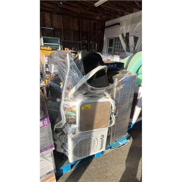 PALLET OF ASSORTED ITEMS INCLUDING; VACUUMS, WATER COOLERS, AIR CONDITIONER & MORE