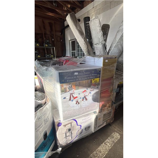 PALLET OF ASSORTED ITEMS INCLUDING; CHRISTMAS DECOR, FRYING PAN SET, SHOES & MORE
