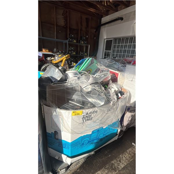 PALLET OF ASSORTED ITEMS INCLUDING; DESK FANS, PARABOLIC HEATERS BOOGIE BOARDS & MORE
